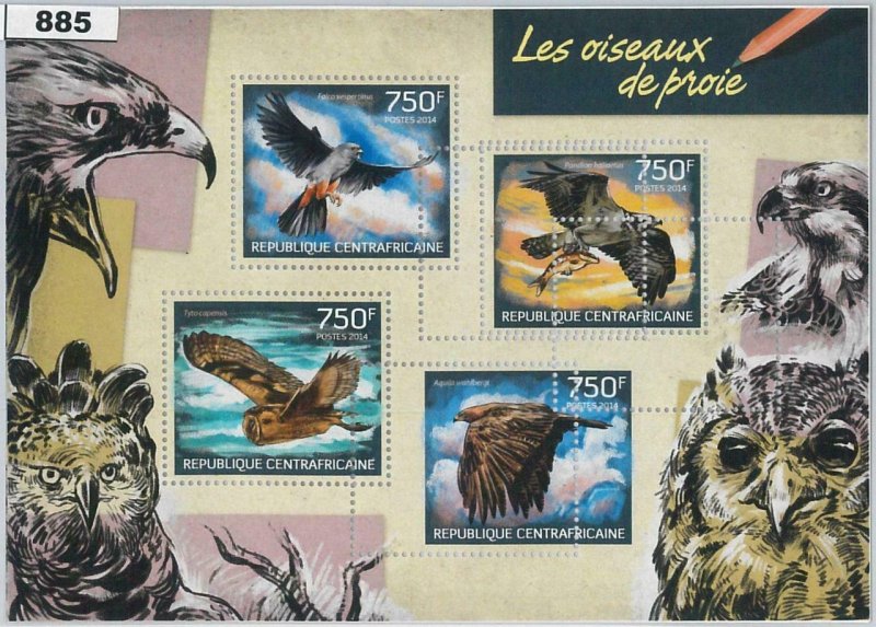 885 - CENTRAL AFRICAN - ERROR - MISSPERF stamp sheet  2014  Owls - Eagles BIRDS