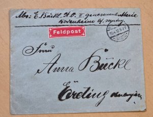 WWI Imperial German Soldiers Military Feldpost Cover Envelope w Red Stamp 1917