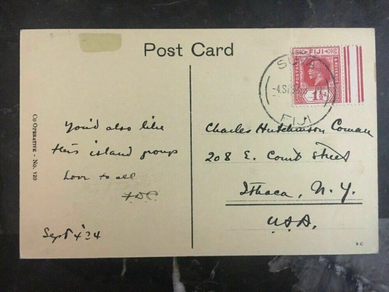 1934 Suva Fiji Picture postcard Cover Fijian Warriors To Ithaca Ny Usa
