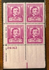 US # 986 Edgar Allen Poe Plate Block 3c 1949 Mint NH
