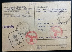 1943 Frankfurt Germany Censored PC Cover to Dehra Dun India Internment Camp POW