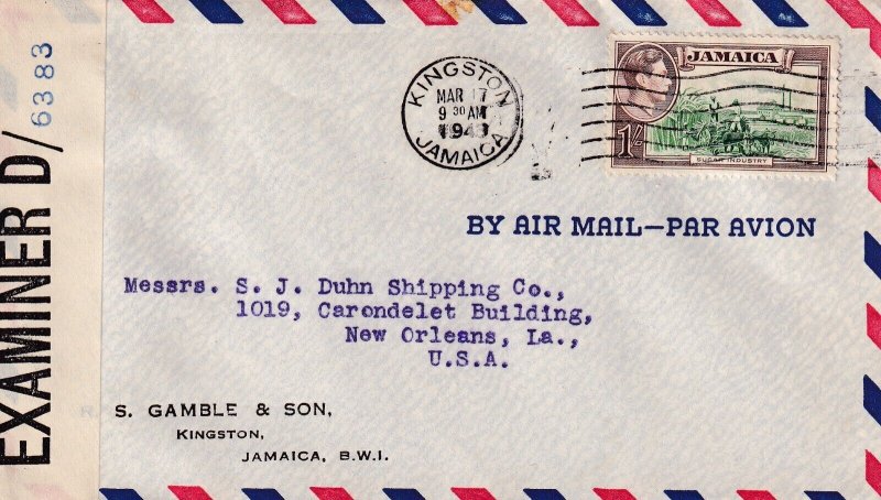 1943 Kingston, Jamaica to New Orleans, LA; Airmail censored (C5888)