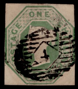 GB QV SG55, SCARCE 1s green CUT SQUARE, USED. Cat £1000.