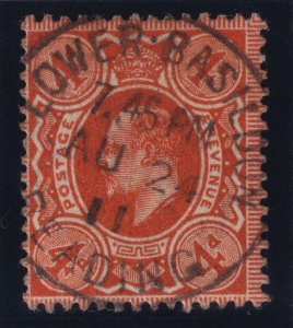 Great Britain S.G. 278var (1911) 4d bright orange King Edward VII XF Used CDS