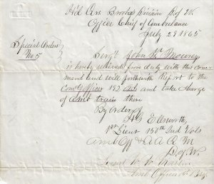 1865 - Appointment to lead a Union Ambulance Train - Ephemera 1046