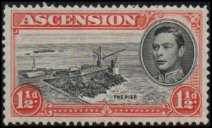 Ascension 42 -Mint-H- 1 1/2p Pier at George Town (red, perf 13)(1938)(cv $0.65)