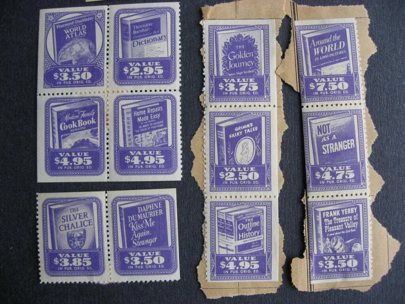 Old 1956? book stamp labels,26 different some adhesion or stuck to album page