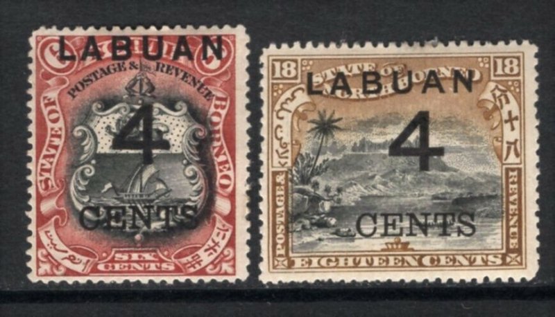 Labuan 1899 4c Surcharges on 6c + 18c Perf 14.5 VF Mint #88,91 CV$74