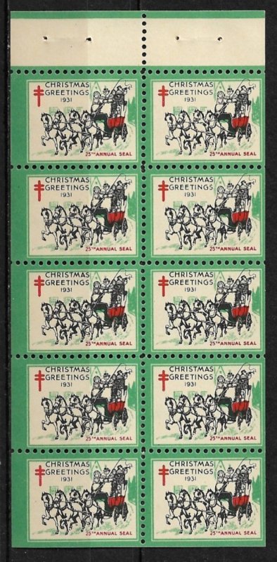 1931 USA WX62g complete Christmas Seal booklet pane of 10 MNH
