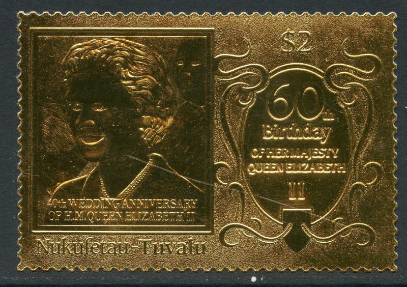 TUVALU NUKUFETAU QUEEN ELIZABETH  II 60th BIRTH OFFICIAL GOLD FOIL STAMP MINT NH 