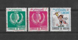 BOLIVIA 1986 INTERNATIONAL YEAR OF YOUTH SPORT CLUB SOCCER SET OF 3 SC727/9 USED