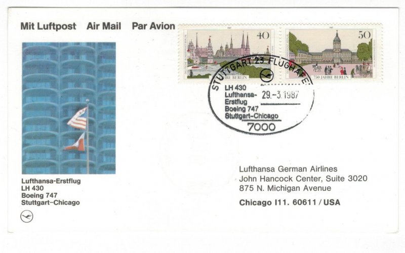 Germany 1987 Cover Stamps First Flight Stuttgart Chicago United States Lufthansa