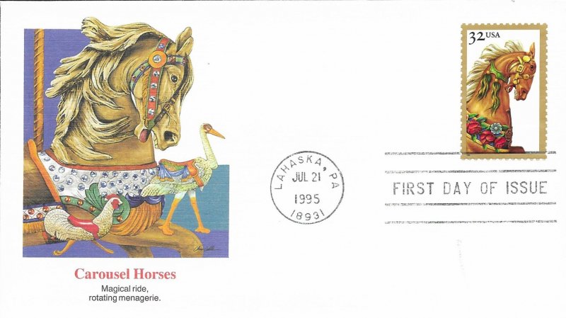 1995 FDC, #2976-2979, 32c Carousel Horses, Fleetwood (4)