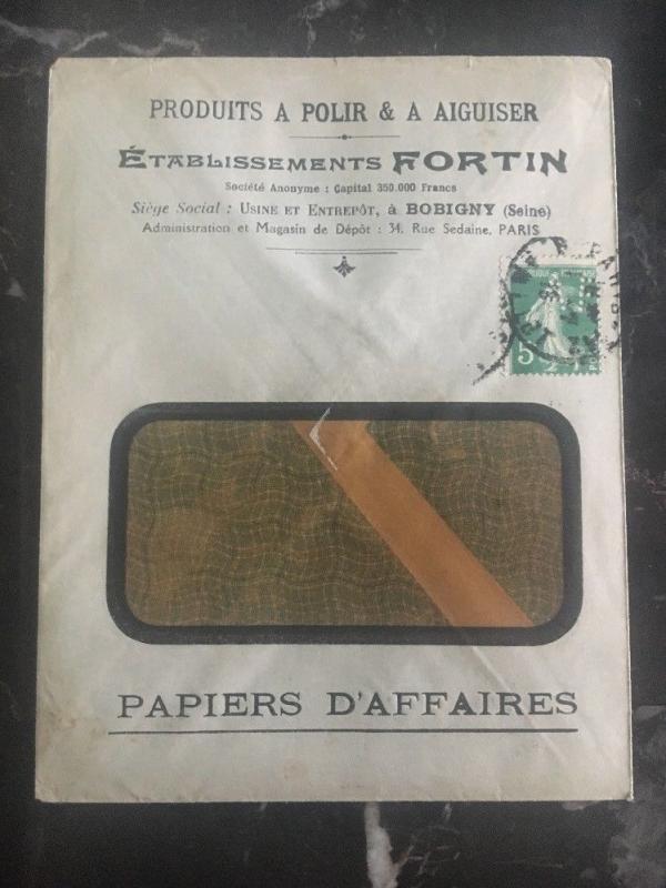 1910s Paris France Commercial Cover Perfin Stamp Fortin Polish & Sharpen Co