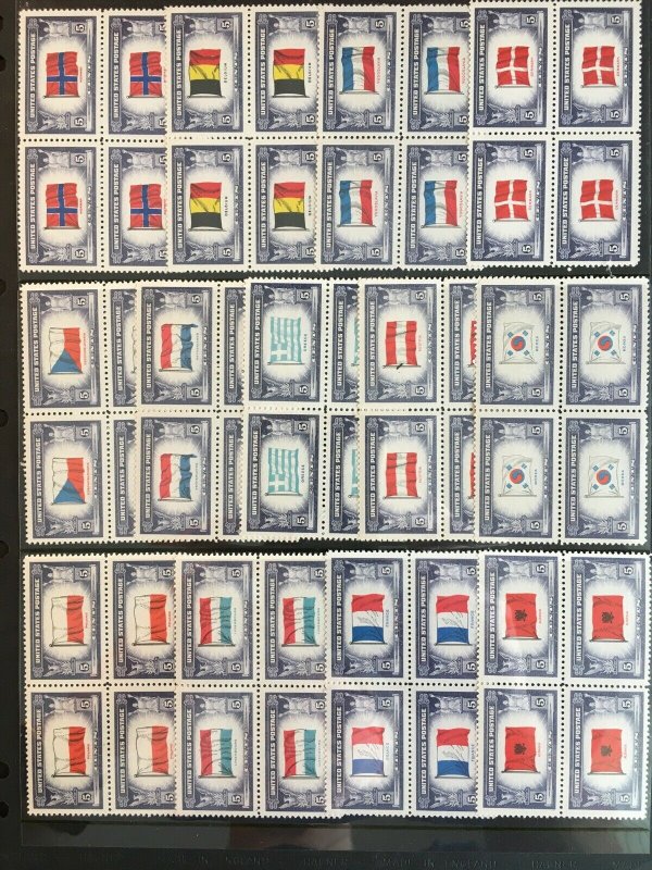 US 1943-4 Overrun Countries Complete Set of MNH Blocks of 4, Scott # 909-921