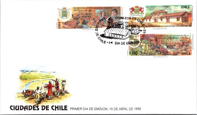 SCHALLSTAMPS CHILE 1992 CACHET FDC COVER COMM CHILEAN CITIES SPECIAL CANC