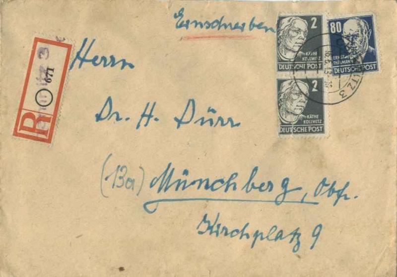 Germany Soviet Zone 80pf Thalmann  with 2pf Kollwitz (2) 1949 Chemnitz 3 Regi...