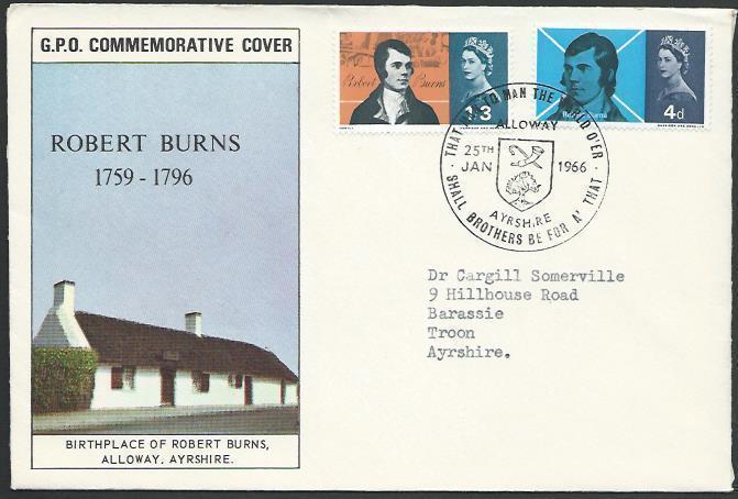 GB 1966 Burns commem FDC, ALLOWAY commem cancel............................10791