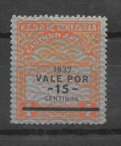 VENEZUELA 1937 SURCHARGED STAMP OVERPRINTED IN BLACK SCOTT C43 MLH MI 206