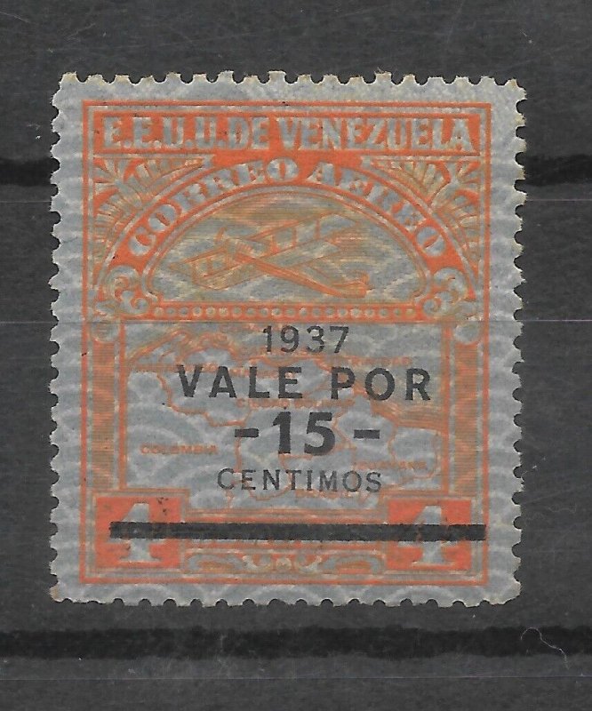 VENEZUELA 1937 SURCHARGED STAMP OVERPRINTED IN BLACK SCOTT C43 MLH MI 206