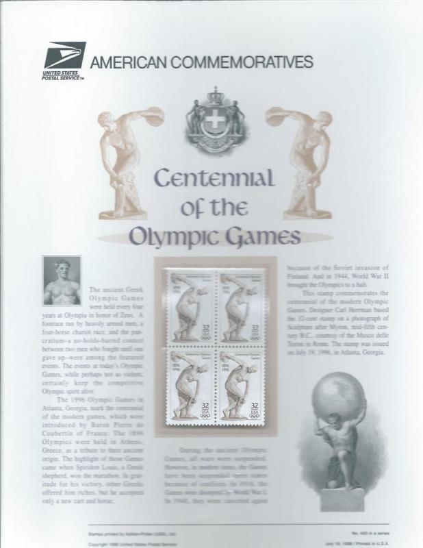 USPS Commemorative Panel #493 Centennial of Olympic Games...