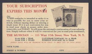 1932 POSTAL CARD THE MUSICIAN  SUBSCRIPTION, RED & BLACK, N788EW YORK NY