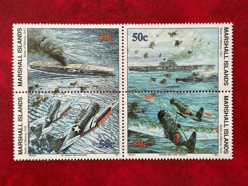 1992 Marshall Islands 4 Stamp Block #312-315 WWII Battle Of Midway MNH