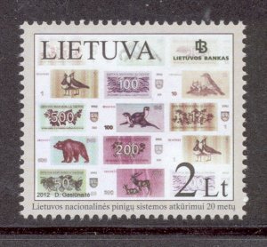 Lithuania Sc 983 2012 20th anniv Lithuanian Currency stamp mint NH