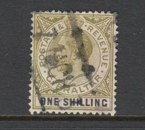 Gibraltar Sc 84 used. 1921 1sh olive green & black KGV, fiscal cancel, F-VF.