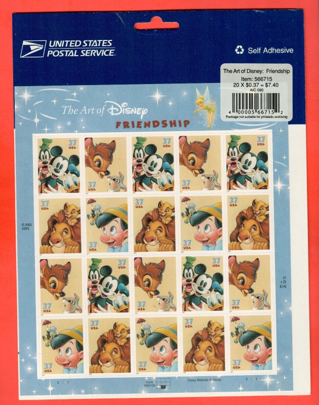 3865-68 Disney SheetPO Sealed 37¢  FACE $7.40   MNH 2003