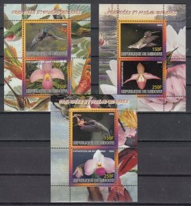 Djibouti, 2008 issue. Orchids & Hummingbirds. 3 sheets of 2.