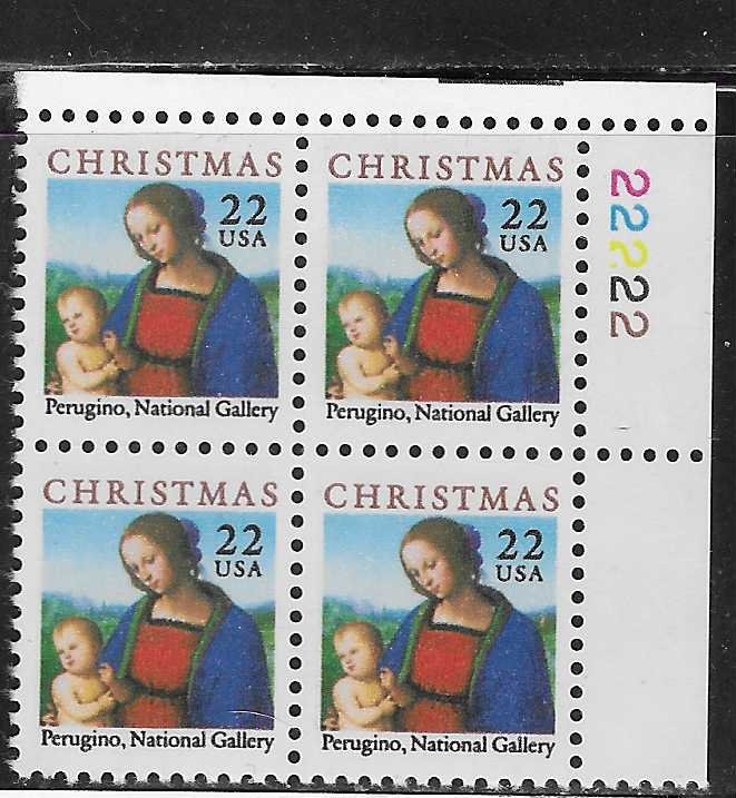 US #2214  $0.22 Christmas Plate Block of 4 (MNH) CV$2.10