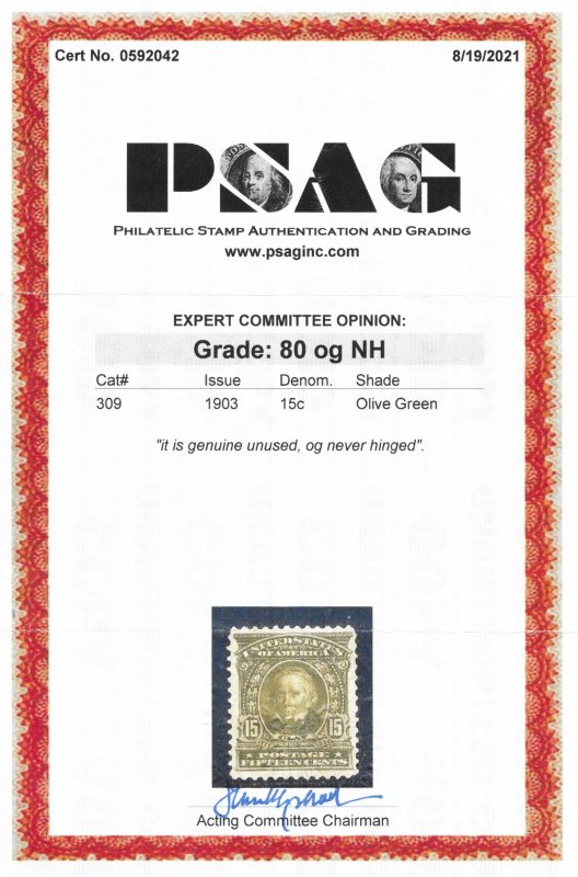 309 MNH VF, 15c. Clay, scv: $475,  2021 PSAG Cert. Free Insured Shipping