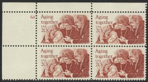 1982 Aging Together Plate Block of 4 20c Postage Stamps, Sc# 2011, MNH, OG