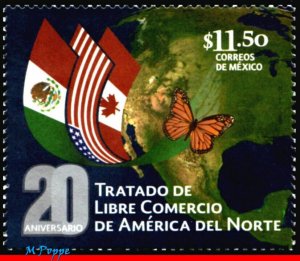 2922 MEXICO 2014 NORTH AMERICAN FREE TRADE AGREEMENT, FLAGS, BUTTERFLIES, MNH