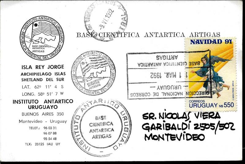 AANT-86 URUGUAY1992 ANTARCTICA ANTARCTIC ARTIGAS STATION CARD SIGNED BY MEDICAL