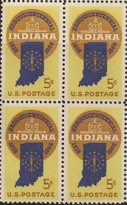 US 1308 Statehood Indiana 5c block (4 stamps) MNH 1966