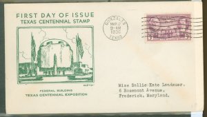 US 776 1936 3c Texas Centennial on an addressed FDC with a Clara Fawcett cachet.