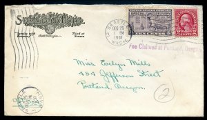 U.S. Scott 634, E15 on 1931 Ad Cover for the Stratford Hotel in Seattle, Wash.