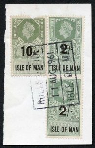 Isle of Man QEII 10/- and 2 x 2/- Key Plate Type Revenues CDS on Piece