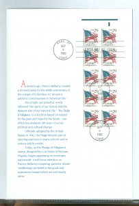 US 2593a 1992 29c pledge of allegiance, flag, pane of 10 on official usps FDC souvenir program #2593a, with plate #1111, with fi