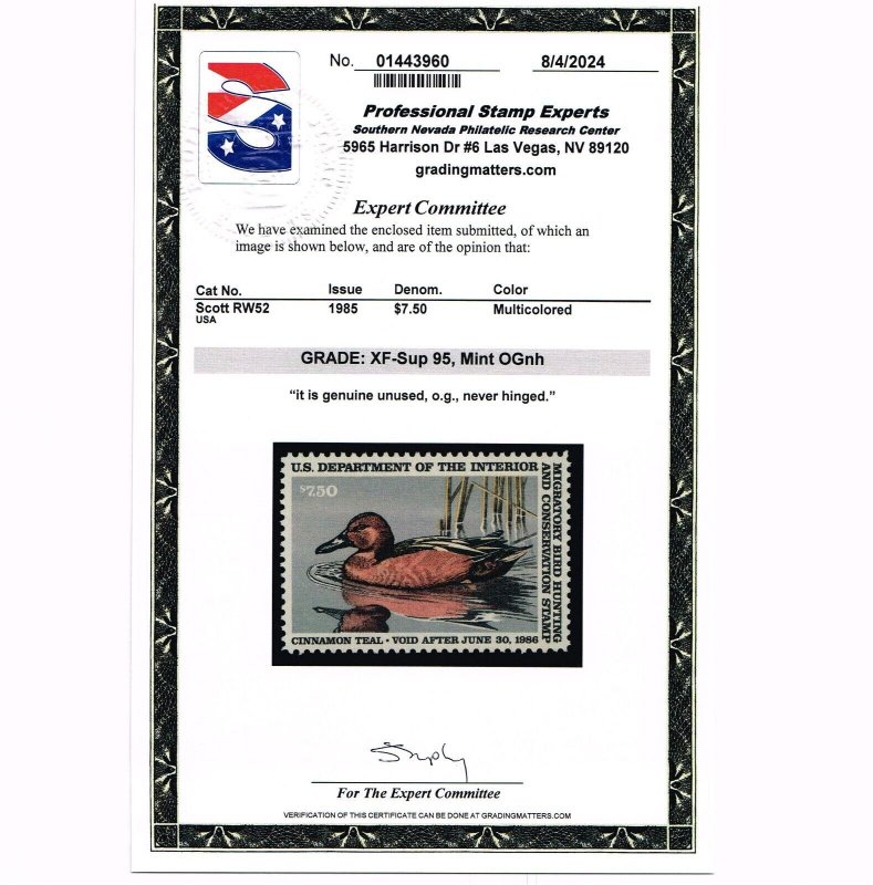 EXCEPTIONAL GENUINE SCOTT #RW52 MINT PRISTINE OG NH PSE CERT GRADED XF-SUPERB 95