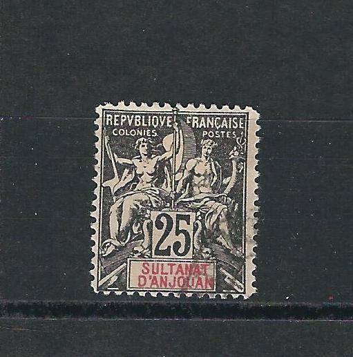 Anjouan 10 Y&T 8 25c Black on rose Used F/VF 1892 SCV $14.00