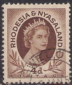 Rhodesia & Nyasaland 1954 - 56 QE2 4d Red Brown used SG 5 ( L876 )