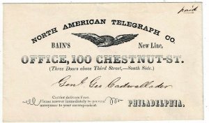 1850's North American Telegraph Co. envelope, with unlisted no flag in design