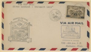 Canada C3 1928 5c Allegory of Flight single on a 1934 Sioux Lookout to Casummit Lake, Ontario First Flight cover.