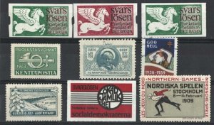 Sweden 9x Cinderella labels f mint incl 1909 Northern Games (ice skating), 3x