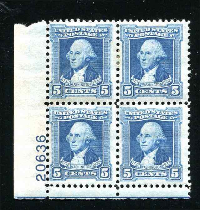 710 5¢ George Washington Plate Block of 4 Stamps MH 1932 
