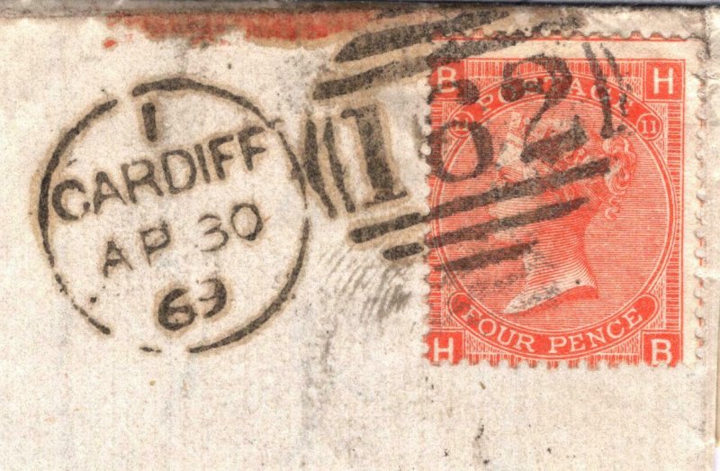 GB WALES Cover Cardiff COAL MINING EL 4d Plate 2 France Caen 1869{samwells}89.32 