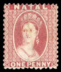 Natal #15 Cat$50, 1864 1p carmine red, faintly cancelled (appears unused)